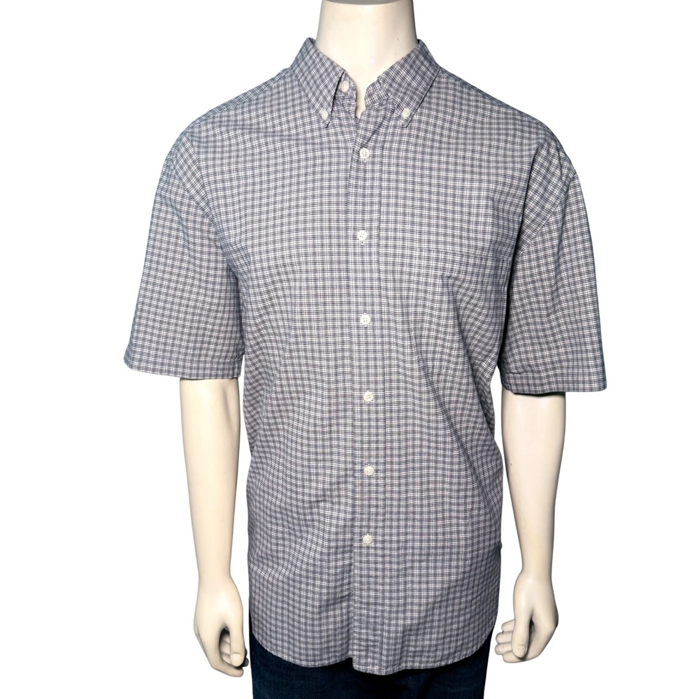 Vintage Eddie‎ Bauer Button Down Shirt Mens XL Navy White Plaid Short Sleeve